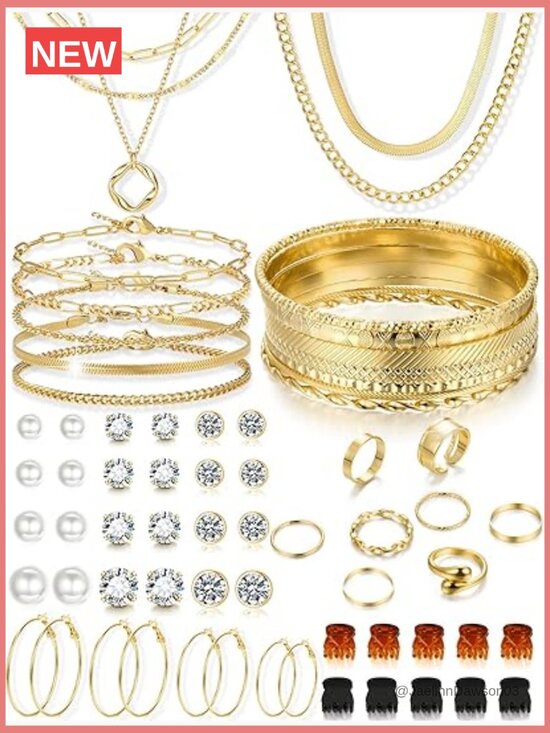 Jewelry - 56 Piece Gold Jewelry Set Necklace Bracelet Earrings Rings Hairpins